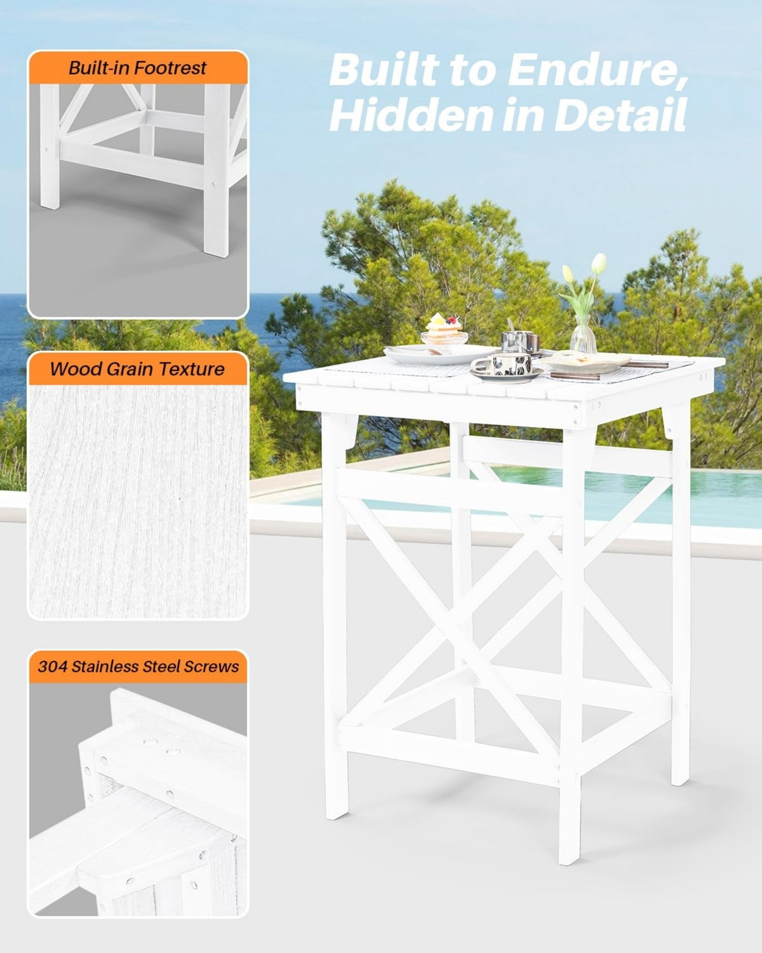 HDPE Outdoor Bar Table, 41" Adirondack Patio Bar Height Table, Weather Resistant High Top Pub Table for Poolside, Balcony, Porch, Garden, Pearl