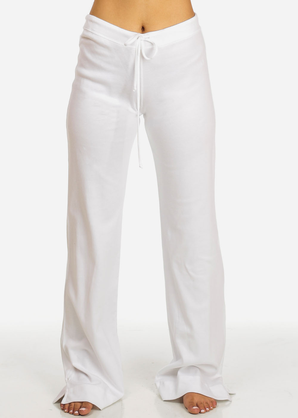 Womens Juniors White Mid Rise Drawstring Waist Stretchy Casual Wear Pants