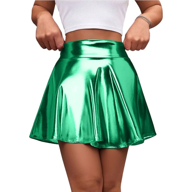 TaTaai Women Solid Color Shiny High Waist Mini Skirt Stretchy Fabric Soft Machine Washable No Fading Versatile Daily Party Street Casual Wear Above Knee Skirt Gift