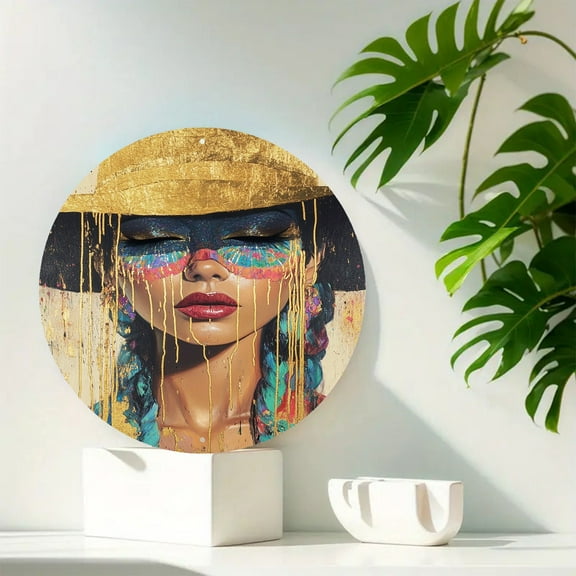 Round 8x8 Inch Woman with Colorful Face Aluminum Wall Art Decor for Home, Porch, and Window Rustic Sign for Home Wall Living Room Bedroom