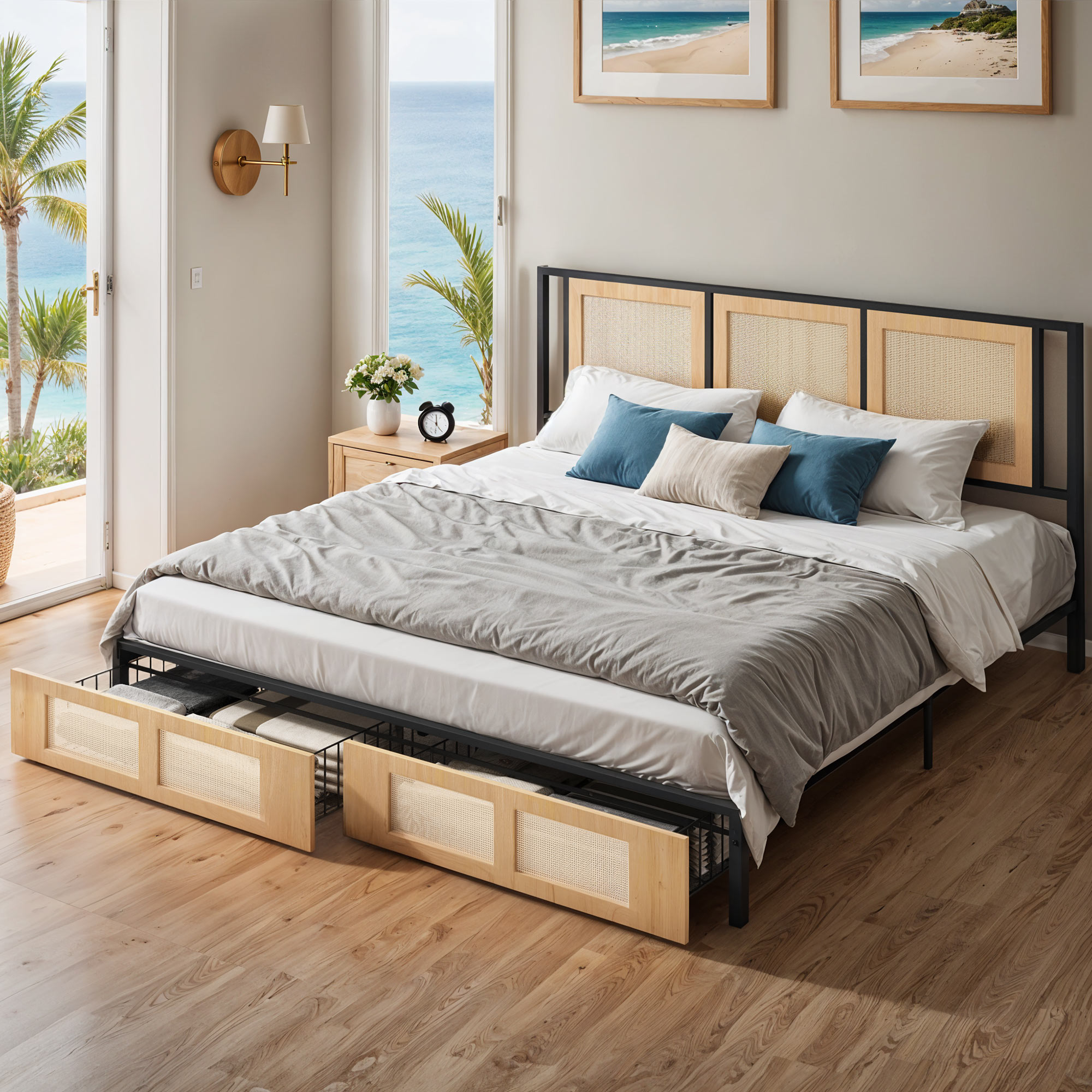 ModFusion- Modern King Size Bed Frame with Hand-Woven Rattan Design, Dual Storage Drawers, and Noise-Free Metal Slat Support, Easy Assembly , Brown