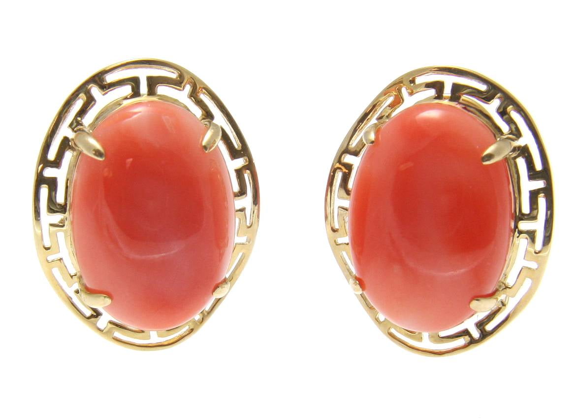 Genuine natural oval cabochon pink coral earrings 14k gold omega french clip by