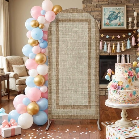 Multi Border Arch Backdrop Covers 6.6 FT Retro Country Khaki Brown Burlap Texture Stretchy Fitted Arched Stand Covers Party Arch Stand Cover Photo Booth for Wedding Birthday Decor