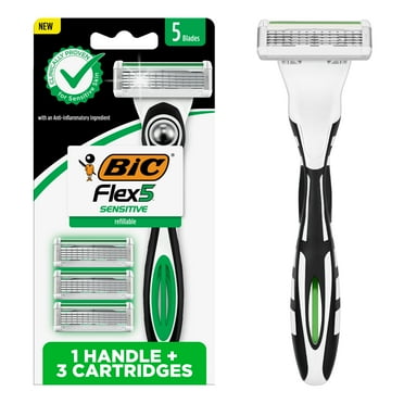 BIC Flex 5 Sensitive Refillable Razor, 1 Handle and 3 Cartridges of Men's Manual Shaving Razor Type