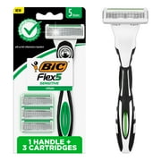 BIC Flex 5 Sensitive Refillable Razor, 1 Handle and 3 Cartridges of Men's Razors
