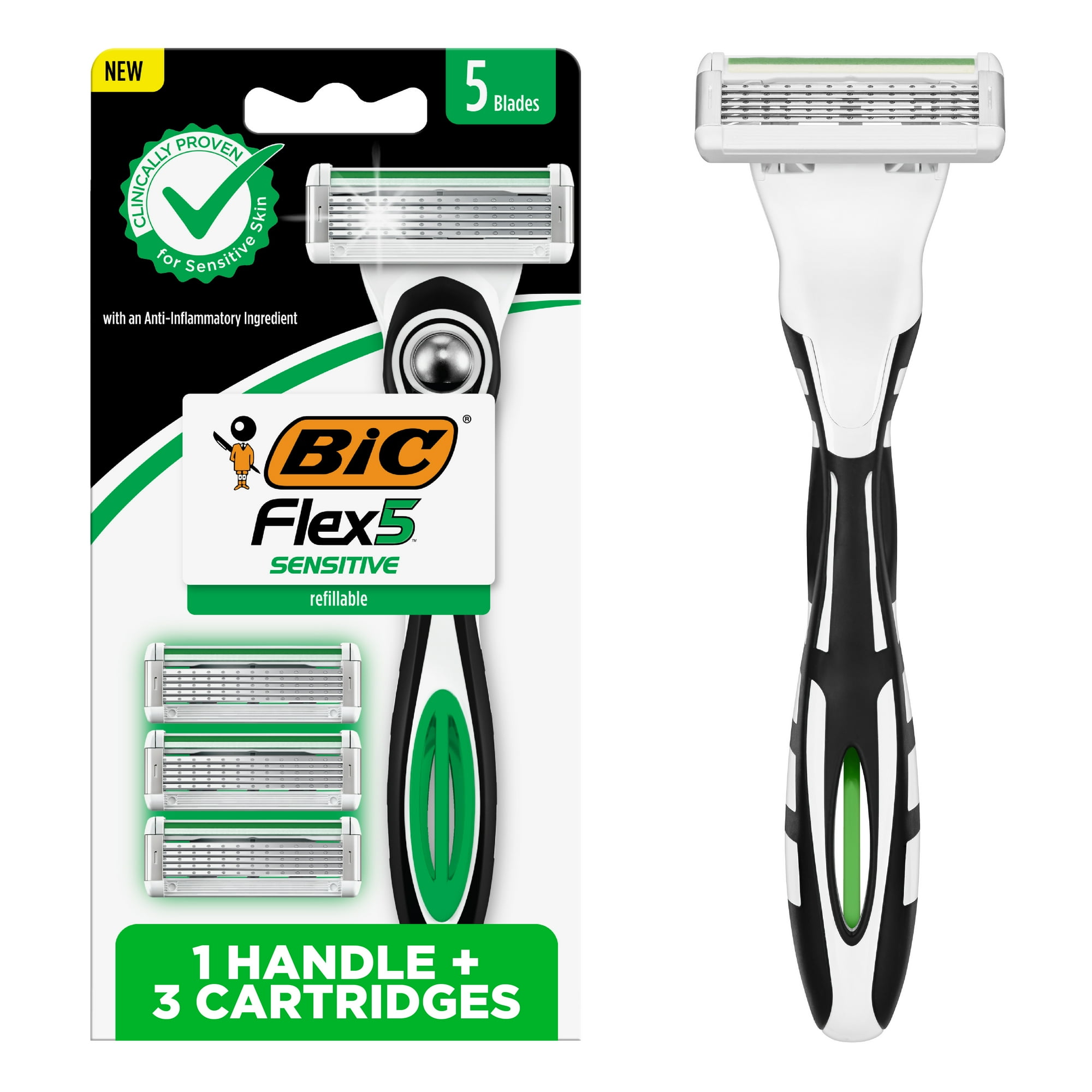 BIC Flex 5 Sensitive Refillable Razor, 1 Handle and 3 Cartridges of Men's Razors