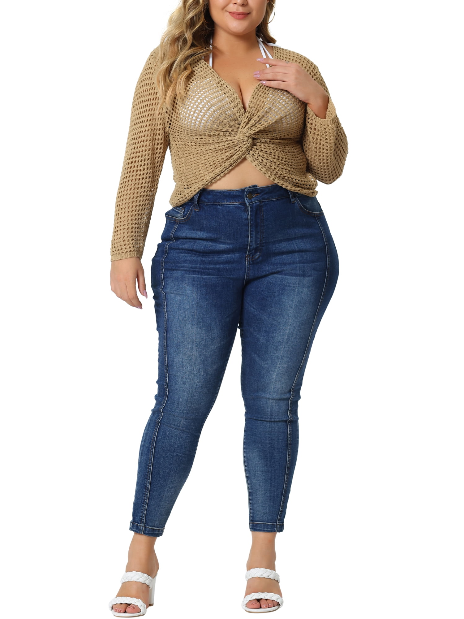 Unique Bargains Women's Plus Size Knitted V-Neck Ruched Cross Hollow Out Long Sleeve Tops 1X Light Camel
