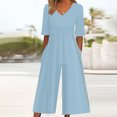thumbnail image 2 of AJTQTH Women Summer Jumpsuit Stylish Solid V-Neck Short Sleeve High-Waisted One-Piece Playsuit Wide-Leg Flared Loose Romper Button Overalls Sky Blue XL, 2 of 6