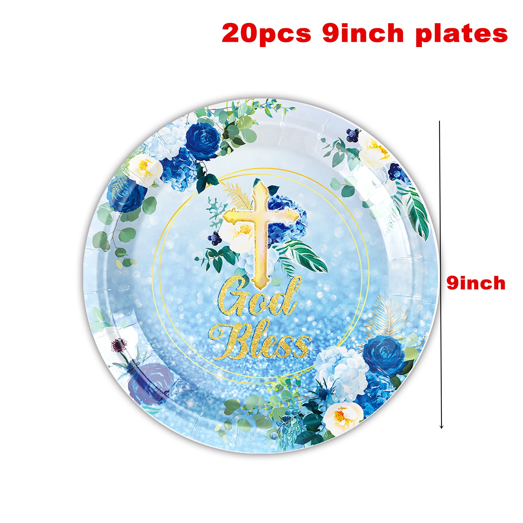 161 Pcs Blue God Bless Tableware Set, Baptism First Holy Communion Party Decorations Supplies for Newborn Baby Shower, Baptism Church Cross White Floral, Serves 20 Guests