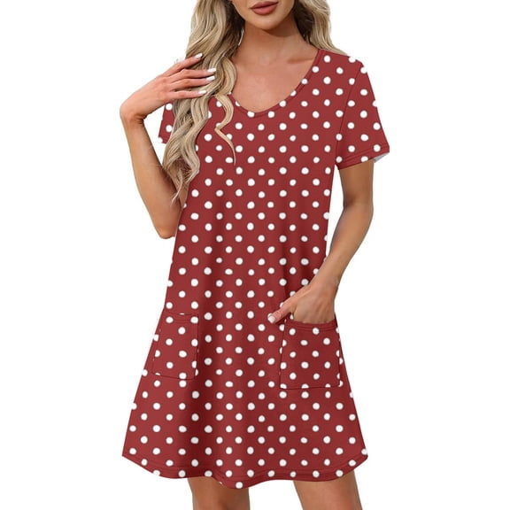 Daiosportswear Solid Nightgowns for Women Bamboo Viscose Sleepshirt Short Sleeve Nightshirt V Neck T Shirt Night Gown with Pockets,Women'S Short-Sleeved Dress Red-C L(L)