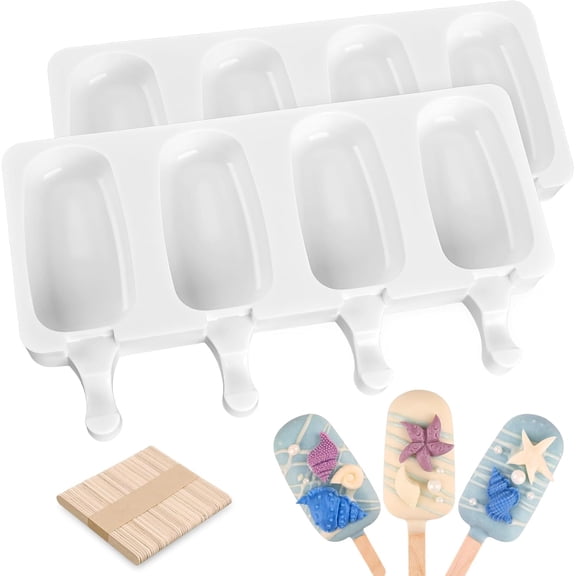 2 Pack Silicone Popsicle Molds, Large Oval 4 Cavities Homemade Ice Pop Molds with 50 Wooden Sticks for Ice Cream, Cakesicles, Cake Pop (White)