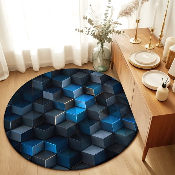 Round Rugs 4Ft, Blue Black Geometric Round Area Rug Washable Indoor Throw Carpet, Modern Abstract Cube Textured Soft Non Slip Circle Rug for Kitchen Nursery Room Home Decor Aesthetic