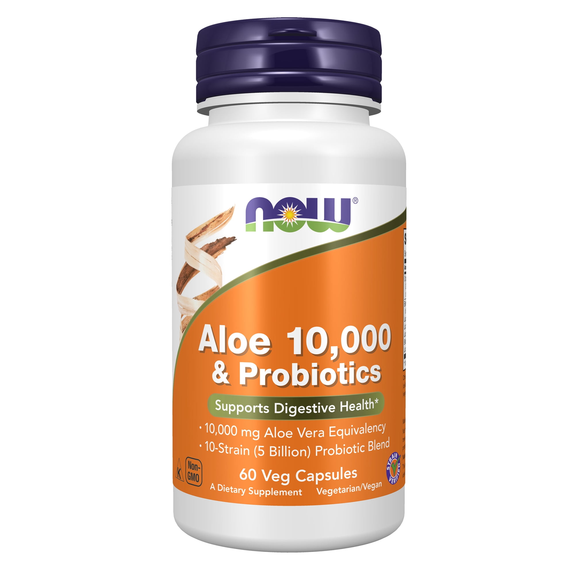 NOW Supplements, Aloe 10,000 & Probiotics with 10-Strain (5 Billion) Probiotic Blend, 60 Veg Capsules