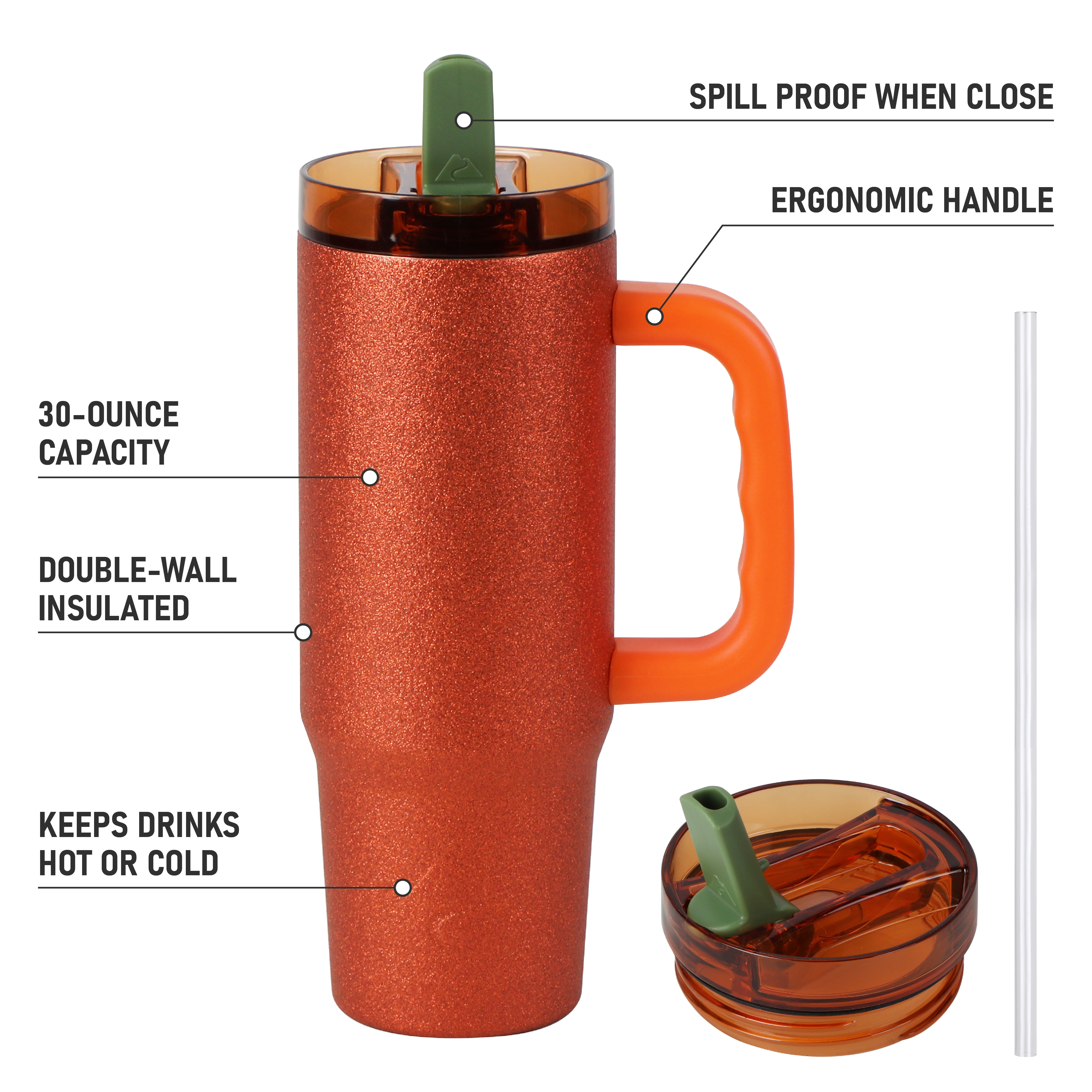 Ozark Trail 30 oz Limited Edition Stainless Steel Insulated Tumbler with Handle, Orange Glitter