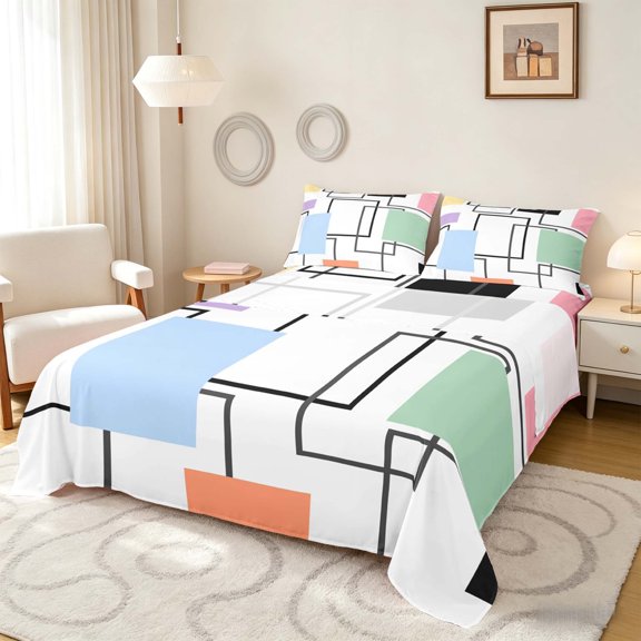 Manfei Geometric Pastel Square Queen Sheets,Contemporary Simple Art Queen Sheet Sets, Reversible 4-Piece1 Flat Sheet 1 Fitted Sheet 2 Pillowcases