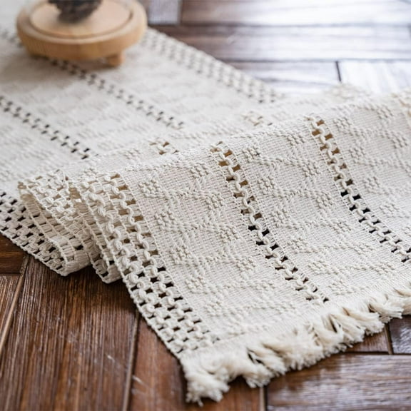 Alynsehom Cream Beige Boho Macrame Table Runner with Tassels - Hand Woven Cotton - Rustic Farmhouse Style for Bohemian Kitchen - 12x71in