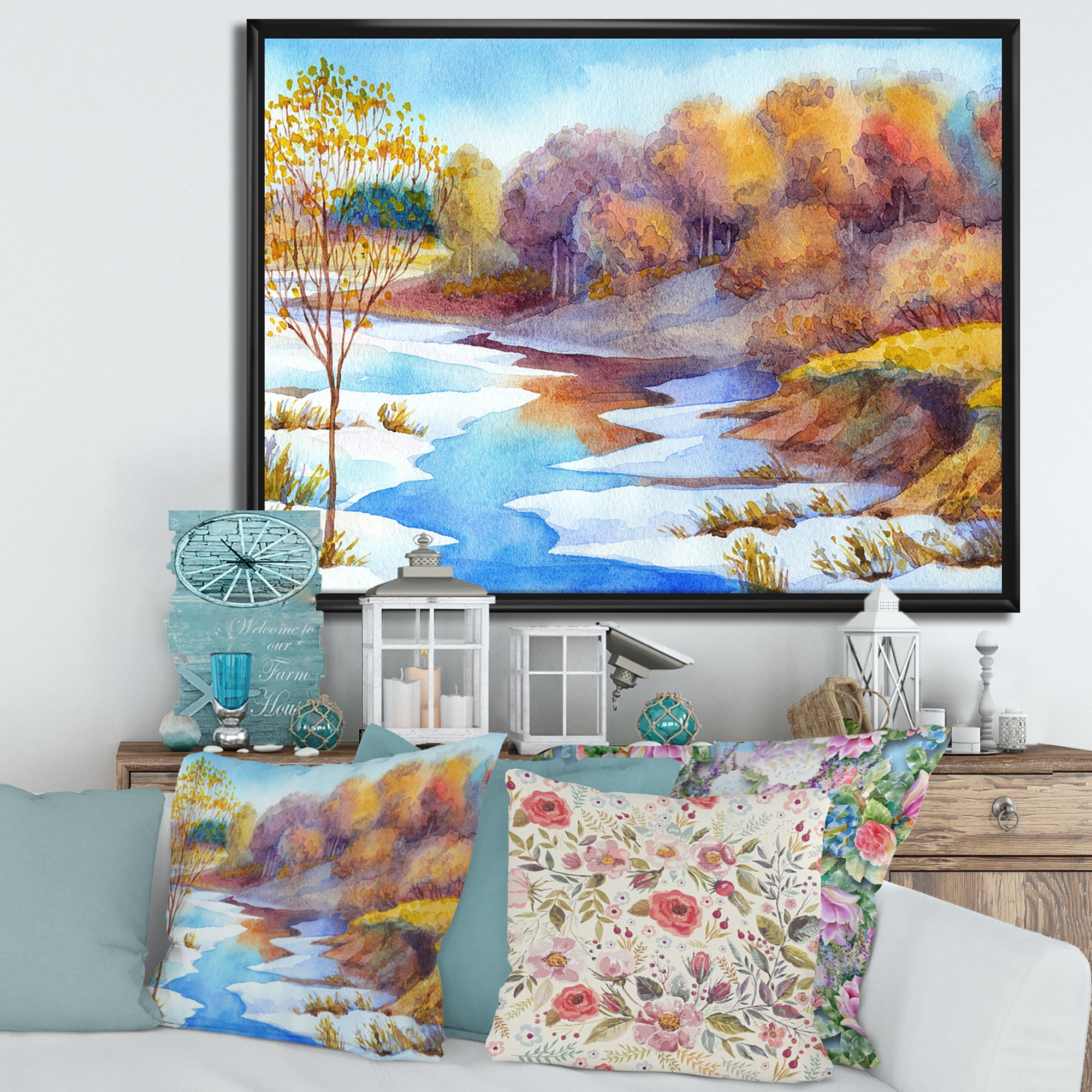 Designart 'Stream Though The Winter Forest Valley' Lake House Framed Canvas Wall Art Print