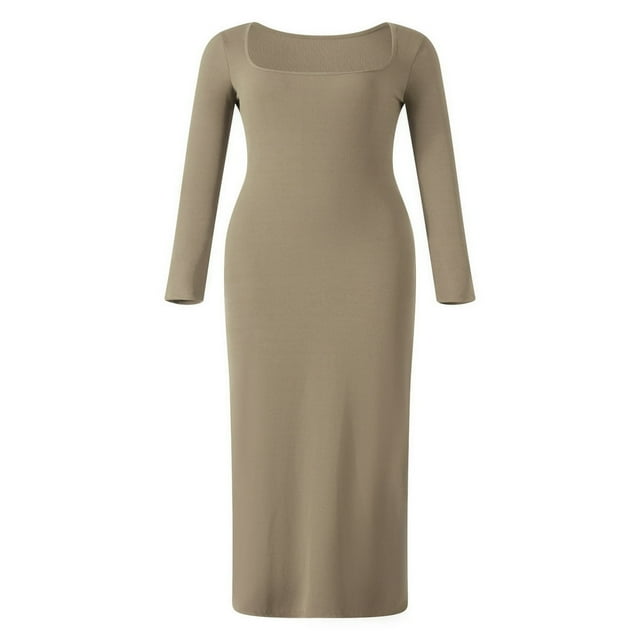 Women Long Bodycon Dress Solid Color Knitted Ribbed Square Neck Long Sleeve Dress Spring Fall Party Club Skinny Dress