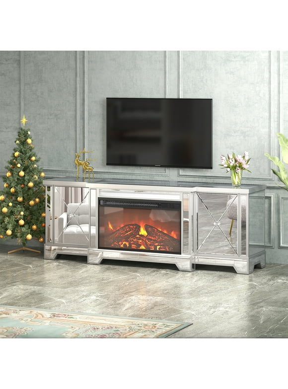 57 Inch Electric Fireplace TV Stand for TVs up to 65", Mirrored TV Stand with 18" LED Fireplace and Remote, Home Media Entertainment Center Silver TV Console Table Furniture for Living Room, Sliver
