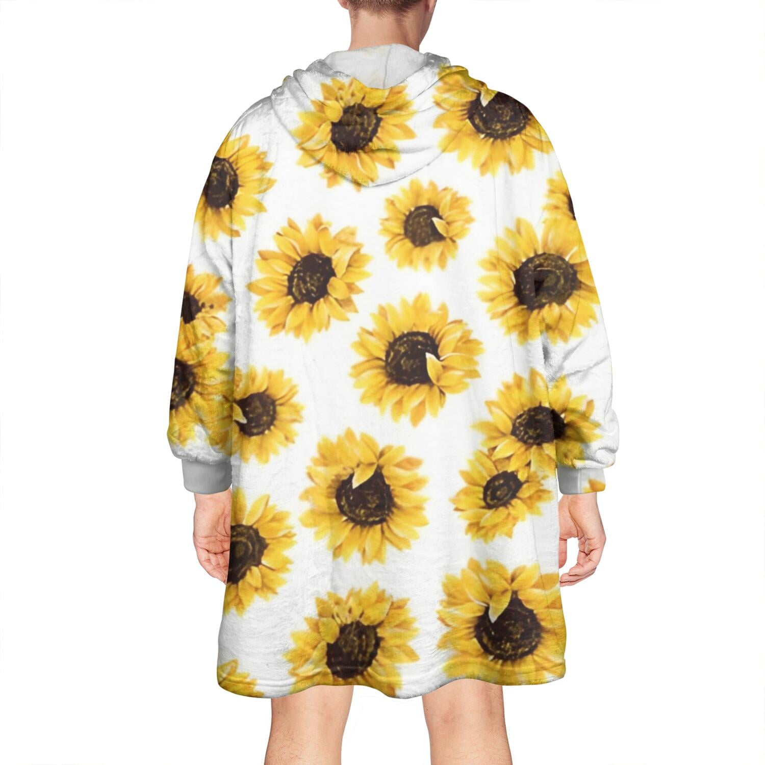 White Sunflower Pattern Wearable Oversized Blanket,Wearable Blanket Hoodie for Adults,Cozy Hooded Blankets with Super Pockets,Super Warm Fuzzy Pullover for Women & Men