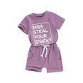 thumbnail image 1 of Gupgi Toddler Girls Summer Shorts Sets Short Sleeve Letter Print Tops Solid Color Elastic Shorts Baby 2Pcs Sets, 1 of 9