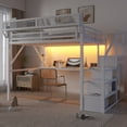 thumbnail image 2 of Queen Size Loft Bed Frame with Desk and Charging Station, Metal Loft Bed with Staircase and LED Light for Bedroom, Apartment, Dorm, Box Spring Not Required, Mattress Not Included, White, 2 of 9