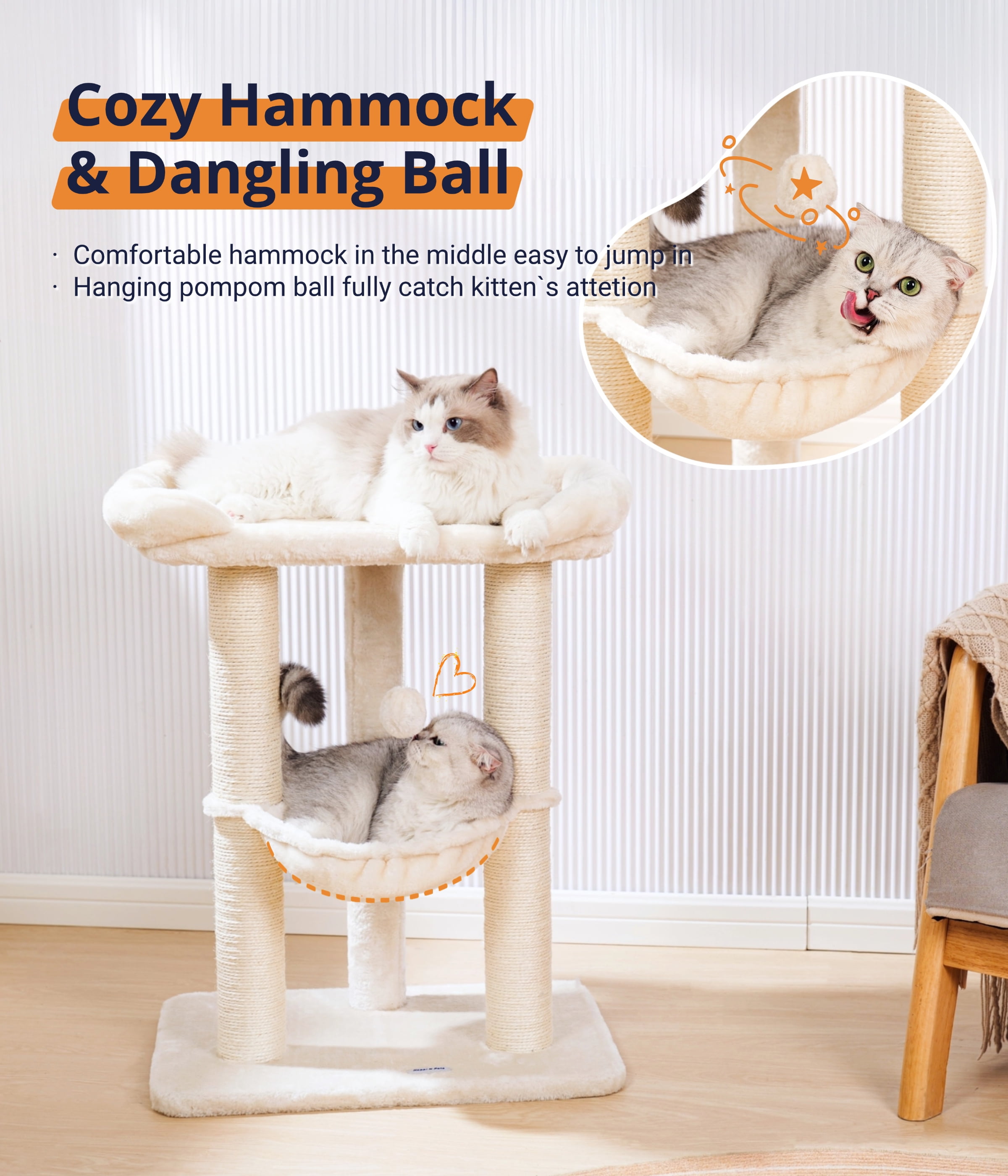 Happi N Pets 28" Cat Tree Tower, Tall Cat Scratching Post with Perch for Window Viewing, Large Bed for Big Cats, Cat Tower with Hammock, Removable Cover-Beige