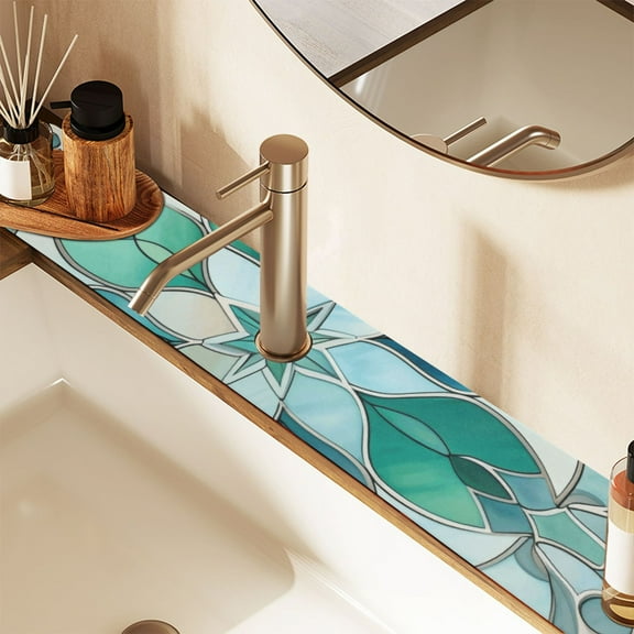 2 Pack Stained Glass Flower Faucet Mat for Kitchen Sink 30'' Sink Splash Guard Mat Super Absorbent Fast Drying Drain Pad