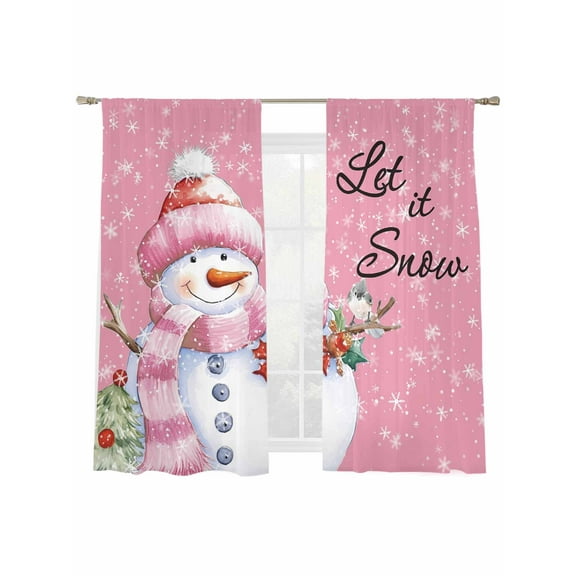 Merry Christmas Sheer Curtains 2 Panels Set, Snowman with Pink Window Sheer Curtains for Living Room/Bedroom, Light Filtering Rod Pocket Voile Drapes, 52" W x 72" L