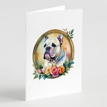 English Bulldog and Flowers Greeting Cards and Envelopes Pack of 8 7 in x 5 in