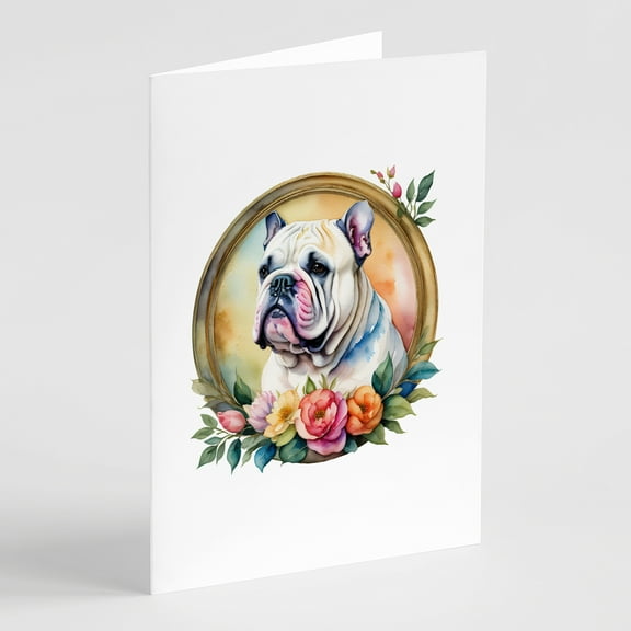 English Bulldog and Flowers Greeting Cards and Envelopes Pack of 8 7 in x 5 in