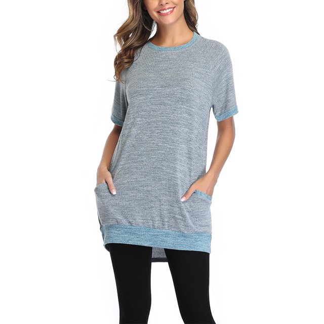 Innerwin T-Shirt Manches Courtes Hauts pour Femmes Col Rond Ample Bleu Clair G