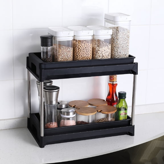 Tcbosik Storage Cabinet Organizer, Under Sink Pull-Out Drawer with 2 Hooks, Multi-Purpose Slide Storage Shelves for Kitchen, Bathroom, Pantry, Black