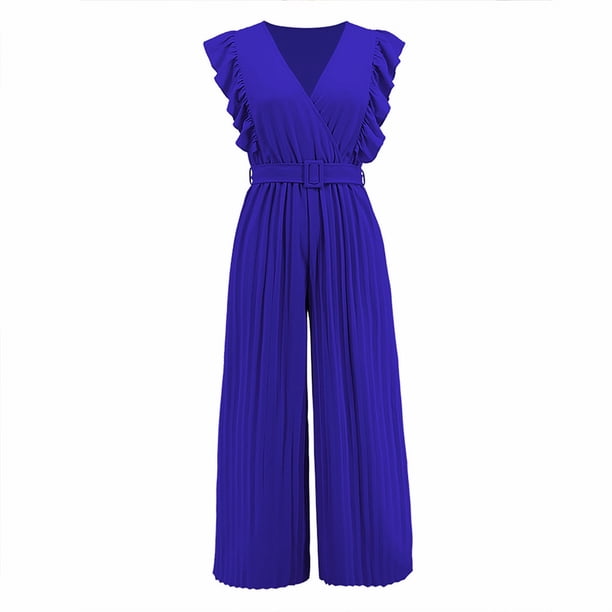 Gibobby Monos de Moda Mono de mujer Sexy Delgado temperamento mono cintura alta sin mangas cuello en V plisado culottes de pierna ancha(Azul, L)