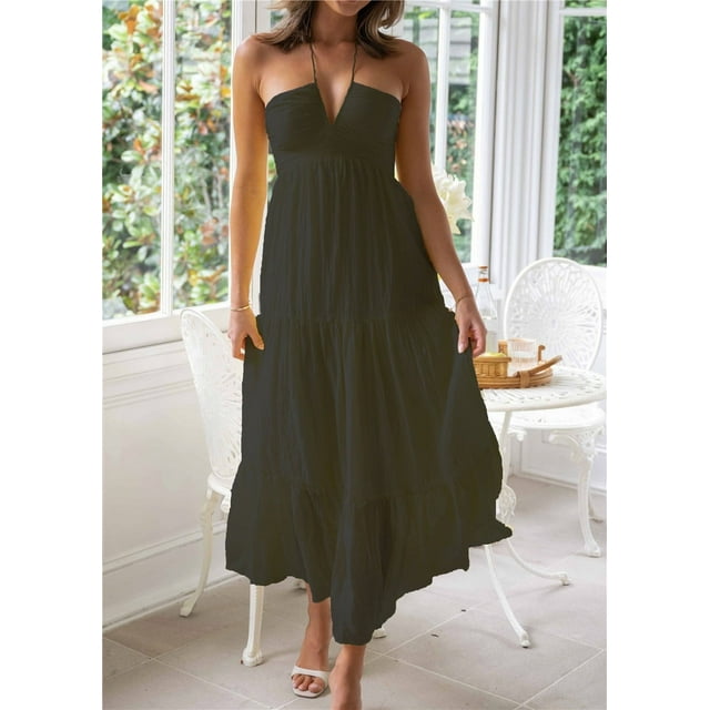 PENGXIANG Robe Longue Y2k pour Femmes Bretelles Spaghetti Col en V Robe Maxi Ligne A Dos Nu Vacances Anniversaire Plage Robe d'Été