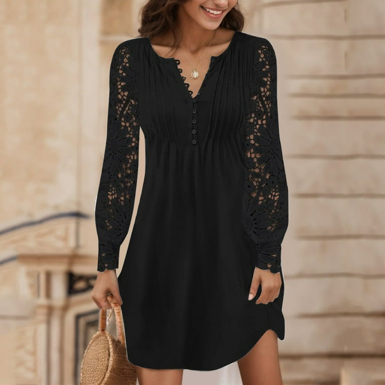 HNMKIU Boho for Women Casual Summer Lace Off Shoulder V Neck Short Sleeve  Beach Swing Fashion Slim Lace Up Midi Long Sleeve Dress for Women Black,M