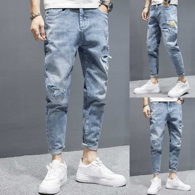 B91xZ Mens Jeans Mens Autumn Winter Casual Pant Sports Pants Pocket Fashion Jeans Nine Points Pants Blue,Size - Walmart.com