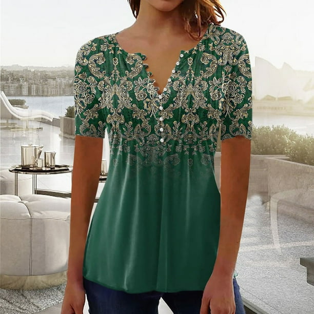 ICHUANYI Clearance Women Fashion Casual Print Round Neck Loose Short Sleeve T-shirt Top Blouse Pullover(Green, XL) ICHUANYI WER2023080807354