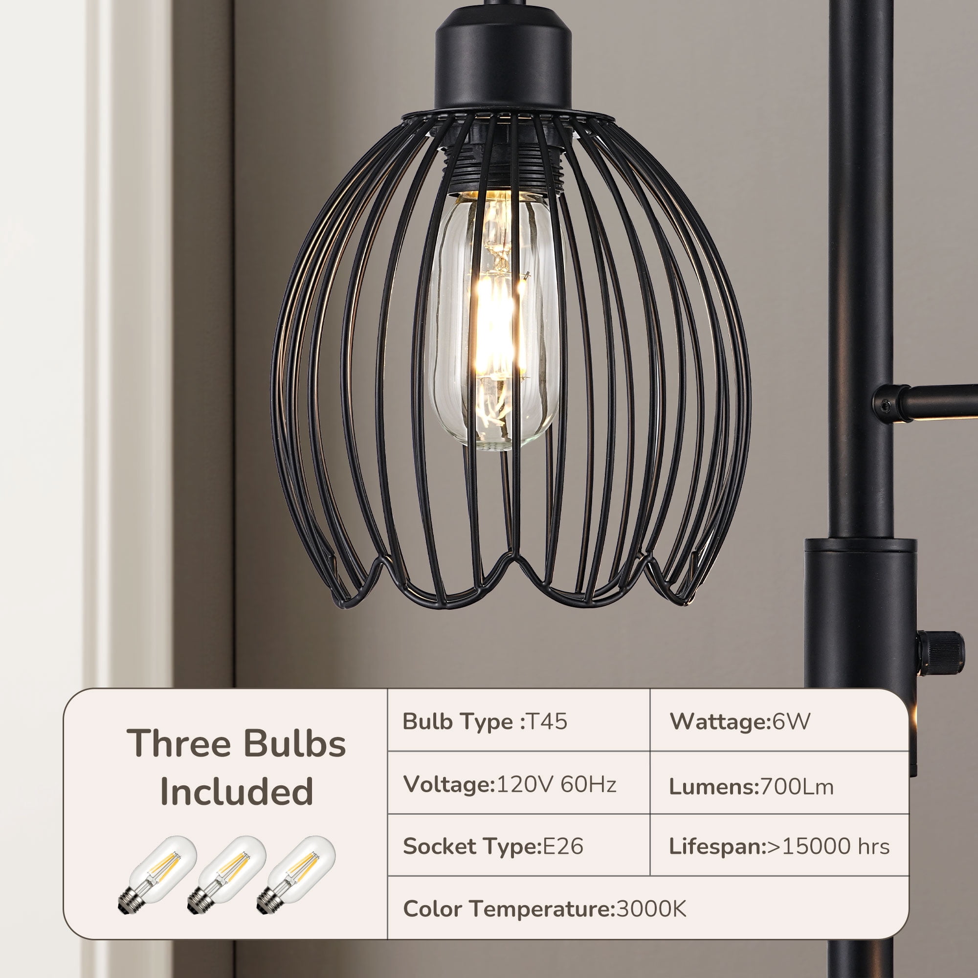 EDISHINE 69in Industrial Floor Lamps for Living Room, With 3 LED Edsion Bulbs, Black