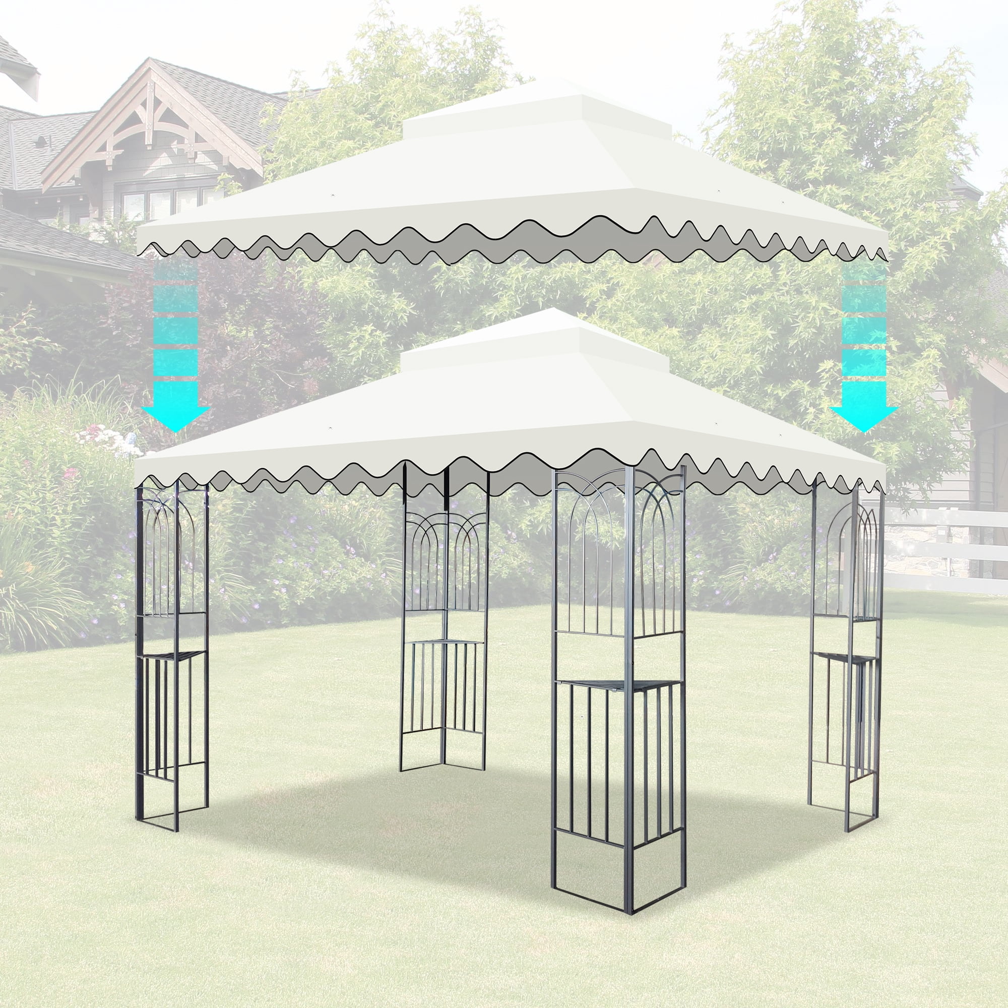 10x10 Ft Outdoor Patio Gazebo Replacement Canopy,Double Tiered Gazebo Tent Roof Top Cover for Outdoor Garden Patio Pavilion Sunshade,Beige