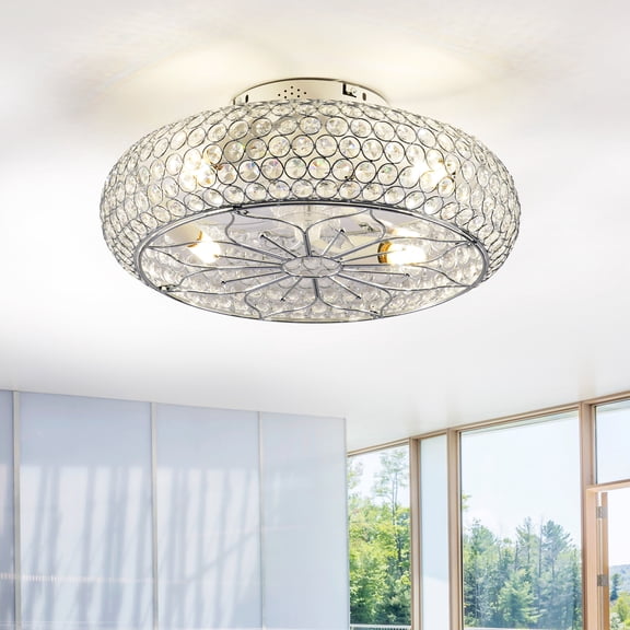 20'' Crystal Ceiling Fans with Remote, Flush Mount Ceiling Fan with Light, Chandelier Fan 6 Speed DC Motor Reversible Ceiling Fan For Living Room Bedroom.--NOT INCLUDED BULB