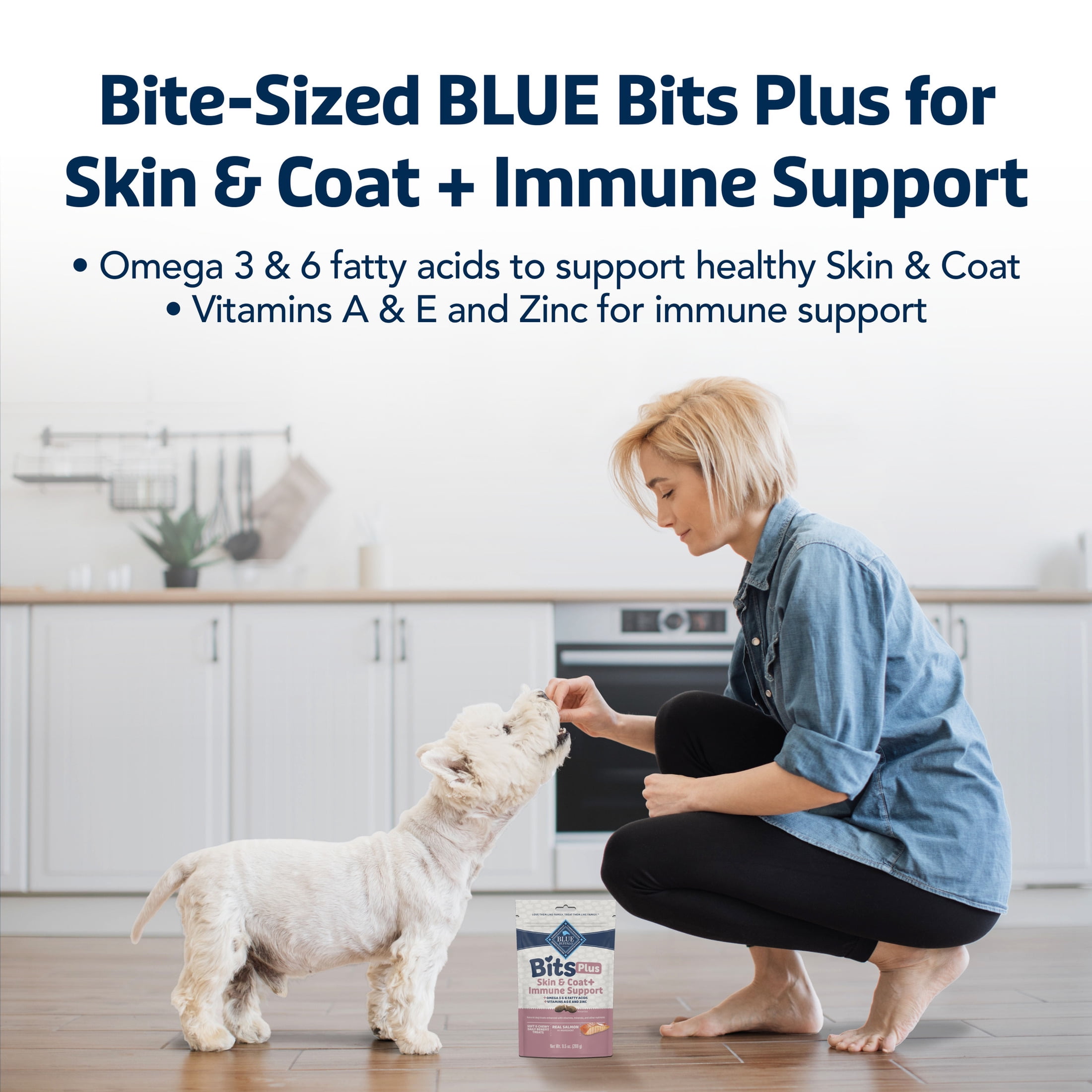 Blue Buffalo BLUE Bits Plus Skin & Coat and Immune Support Daily Benefit Dog Treats, Soft & Chewy Salmon Morsels, 9.5-oz. Bag