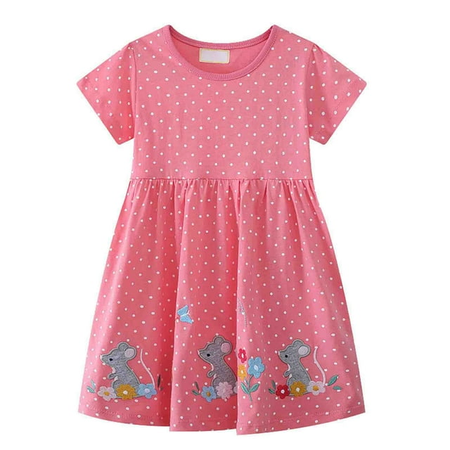 MIASHUI Robe Décontractée à Manches Courtes pour Filles, Col Rond, Ligne A, Dessin Animé, Rose, 1-2 Ans