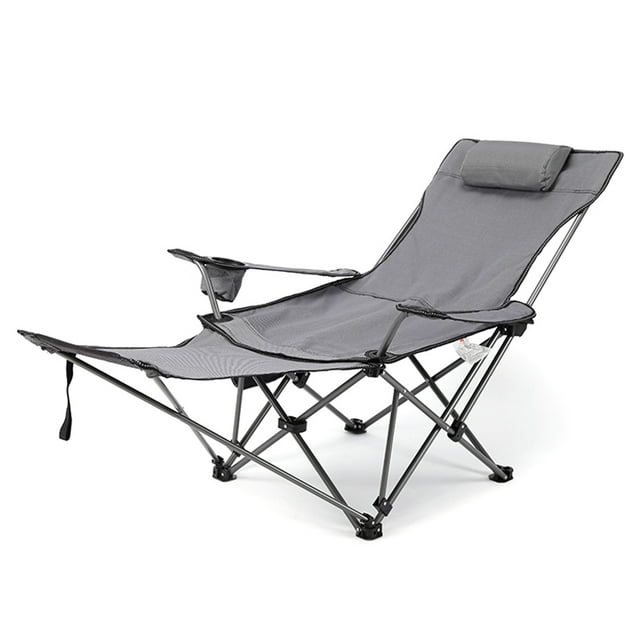 Graflsoa Portable Outdoor Reclining Lounge Chair with Adjustable Backrest, Cup Holder, and Side Pocket, Ideal for Beach, Camping, and Fishing, Foldable Design in Grey.