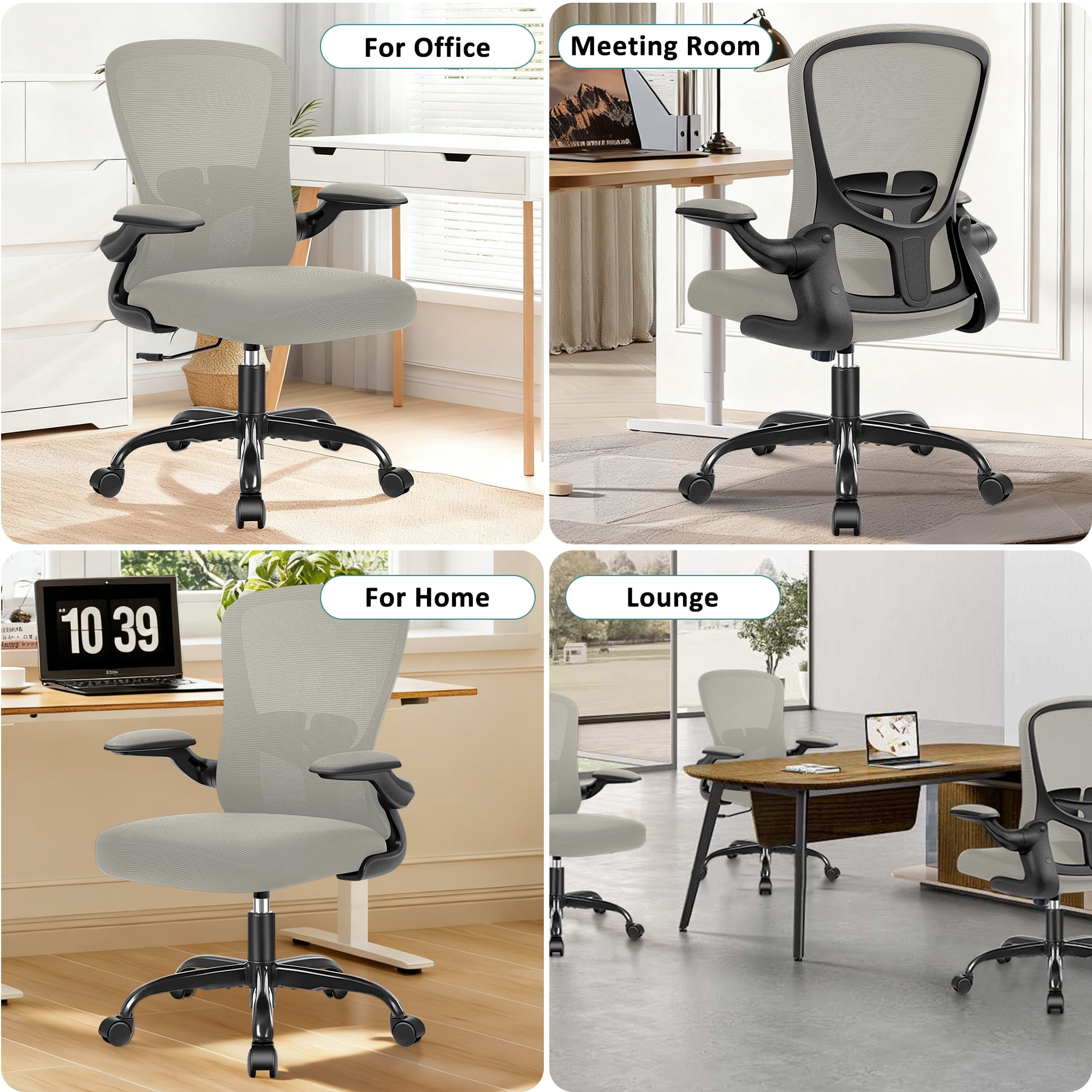 COOLHUT Office Chair, Ergonomic Desk Chair with Adjustable Lumbar Support, High Back Mesh Computer Chair with Flip-up Armrests-BIFMA Passed Task Chairs, Executive Chair for Home Office，Gray