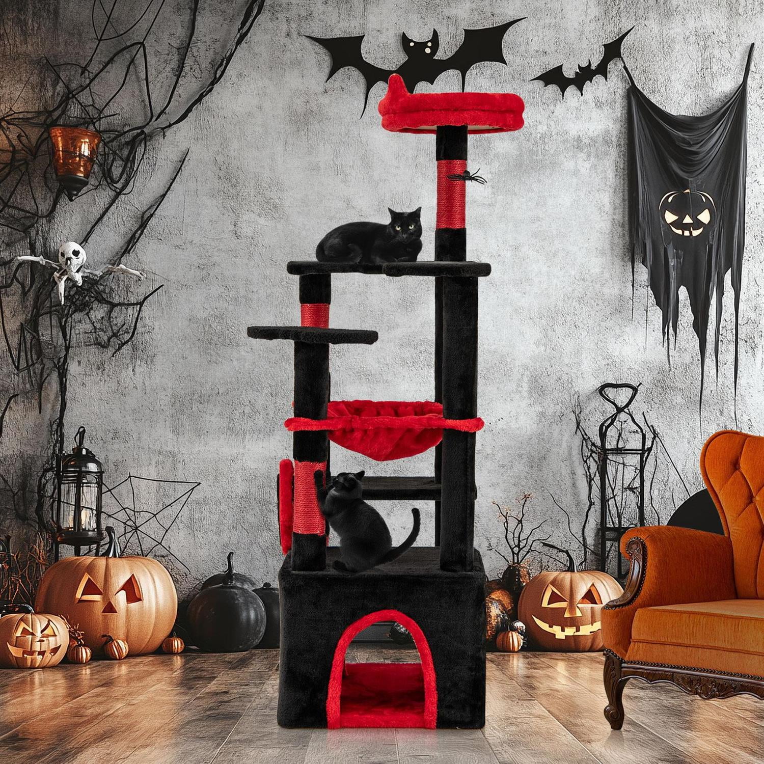 Pefilos Gothic Cat Tree, Plush Perch & Spider Dangling Toy, Condo & Sisal Scratching Posts, Black & Red