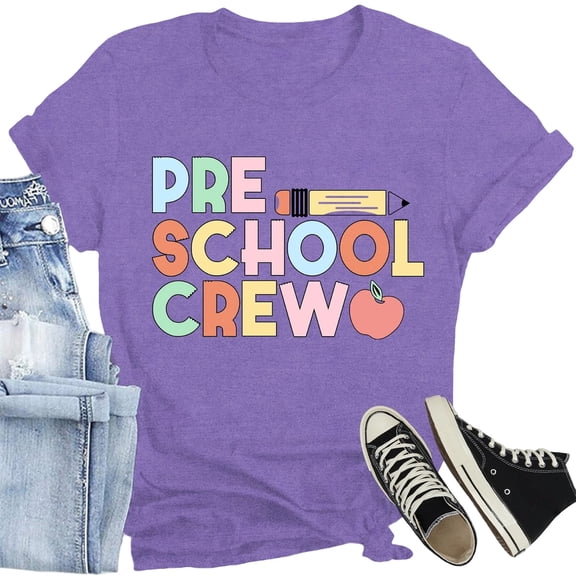 KHONTS Women's Preschool Teacher Shirts Cute Preschool Crew T-Shirts Back to School Teacher Life Tee Tops Purple XL