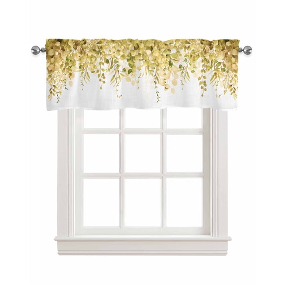 Watercolor Plants Linen Curtain Valance for Bedroom/Bathroom/Kitchen/Office/Living/Dining Room Windows,Retro Spring Yellow Eucalyptus Leaves Pocket Topper Drapes Decorative Cafe Drapery Panel 60x18