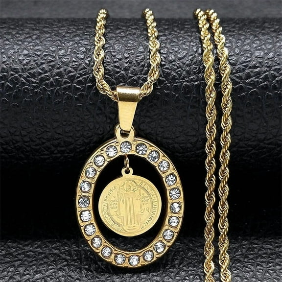Saint Benedict Medal Necklace Women Men 14K Yellow Gold Crystal Necklaces Jewelry San Benito Collares