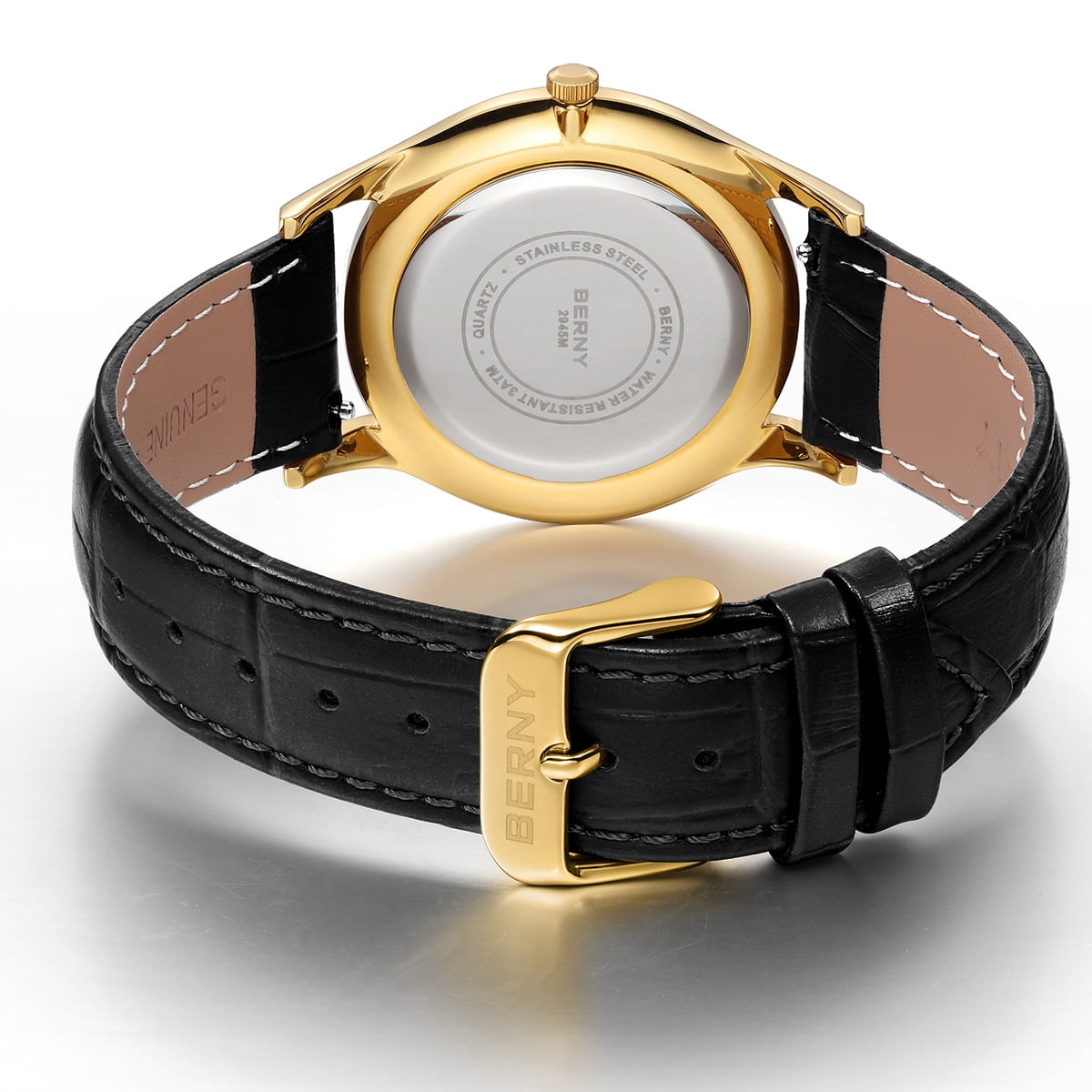 BERNY Watches for Men, Ultra-Thin Minimalist Leather Watch, Stainless Steel Case, Waterproof Analog Quartz Watch, Business Dress Watches with Small Seconds (Black)